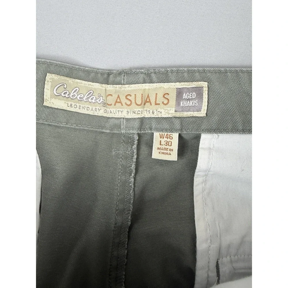 cabela's aged khakis, flat front pants, slacks, green, men's 46x24